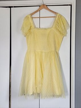 JessaKae Yellow Smocked Puff-Sleeve Tulle Dress